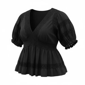 Aqua Black Lace-Trim V-Neck Peplum Blouse